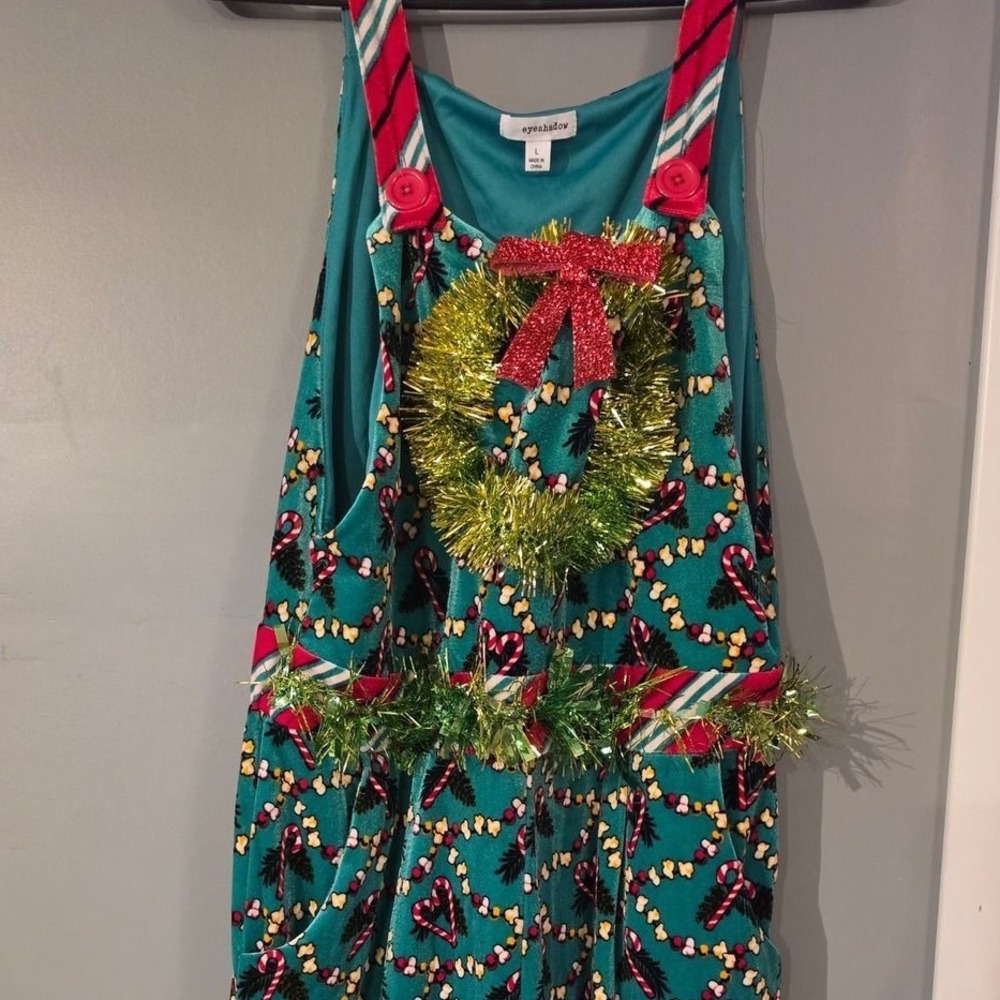 Eyeshadow Christmas Jumpsuit Teal Velvet Candy Cane Popcorn Wreath Womans Large